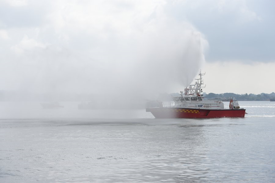 SCDF Patrol Boat Launches Water Jets to Contain Vapour