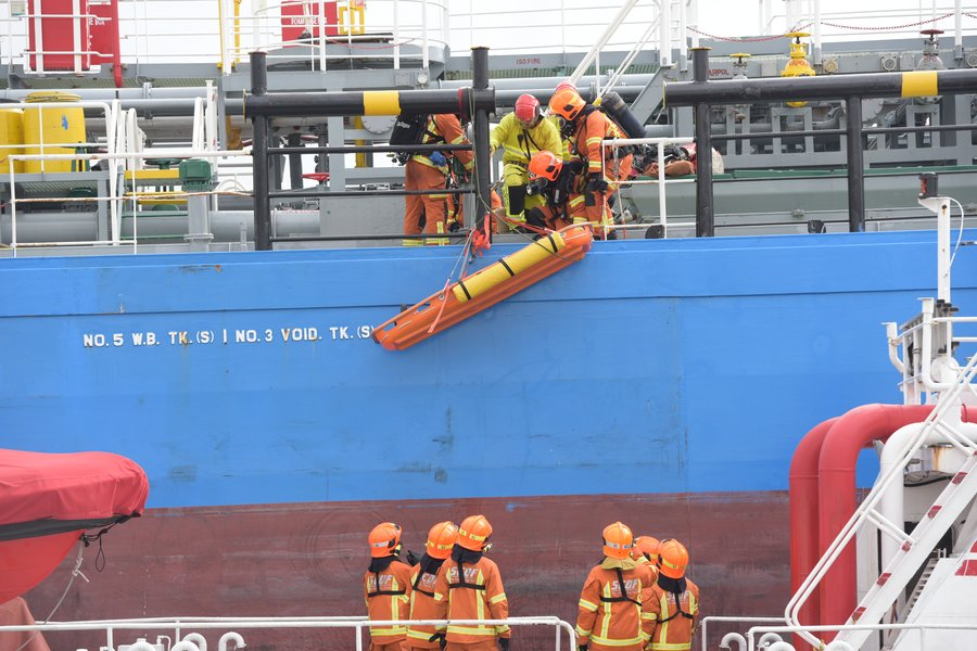 Simulated evacuation of injured crew members